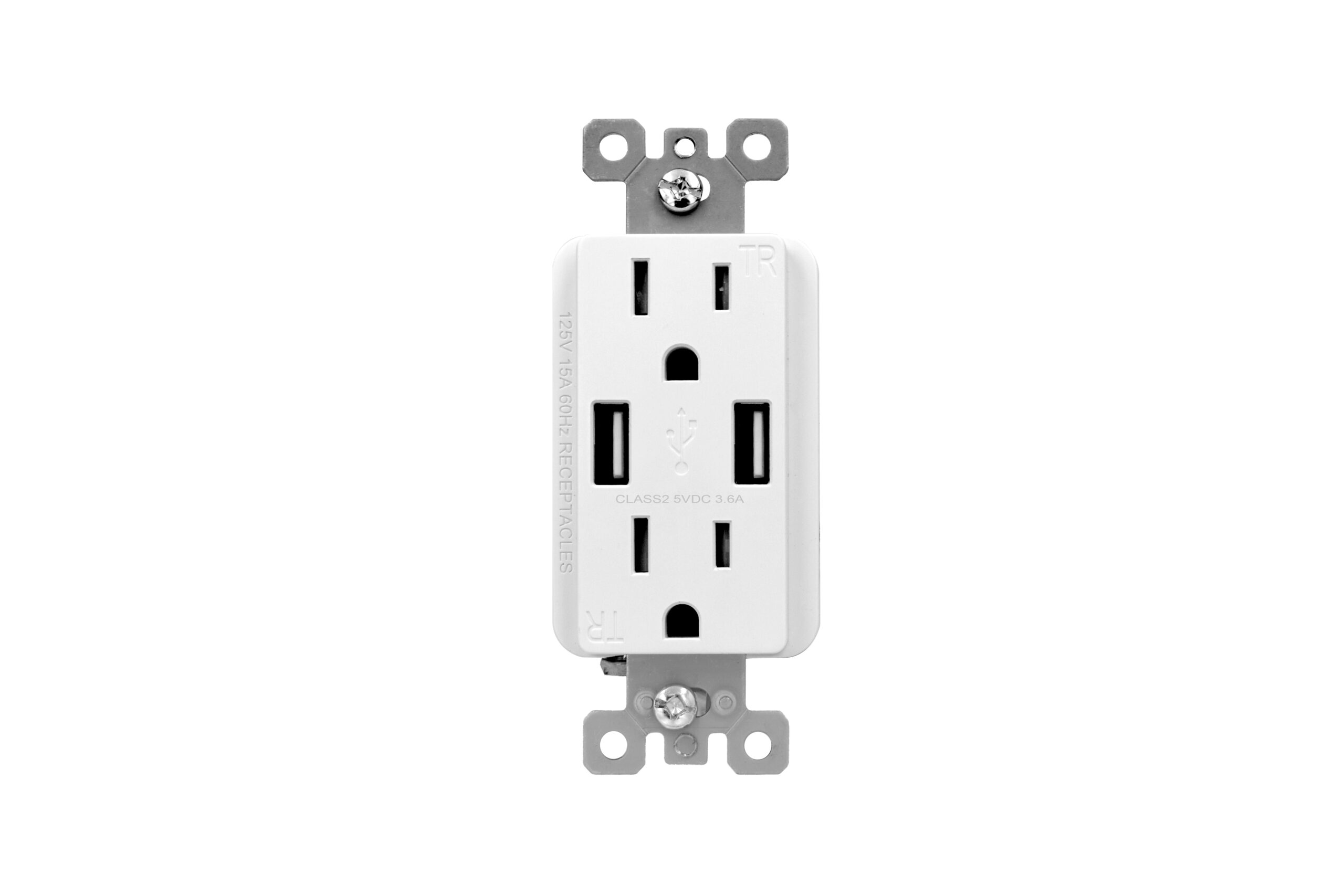 3.6 AMP USB Charger Dual Type A | 15 AMP Duplex Tamper Resistant Receptacle | Side-Wire & Back-Wire